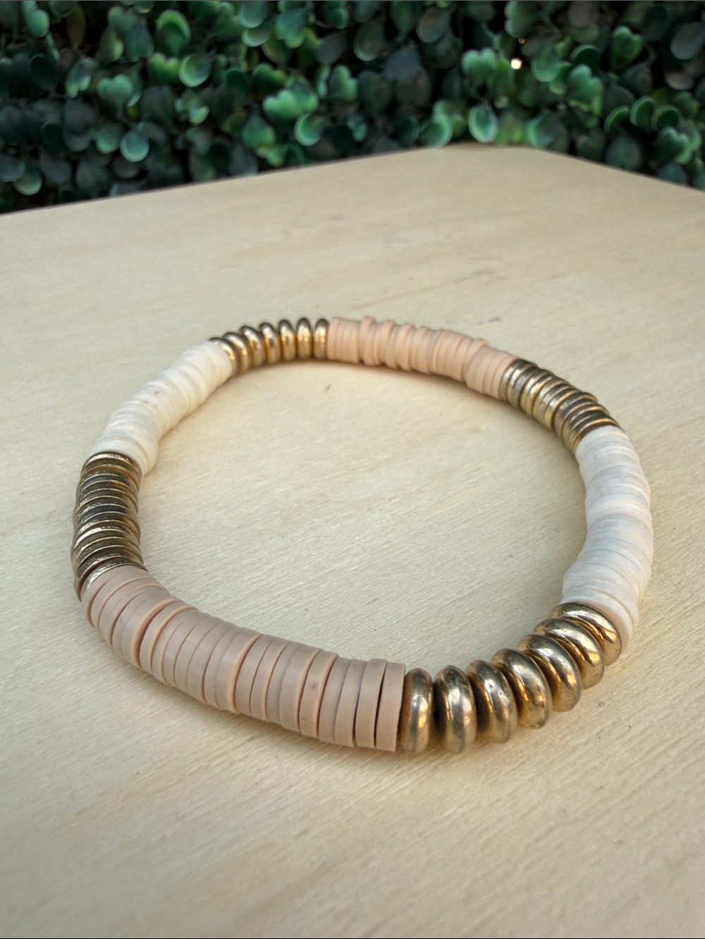 Beaded Discs Stretch Bracelet in Nude, Cream and Golden